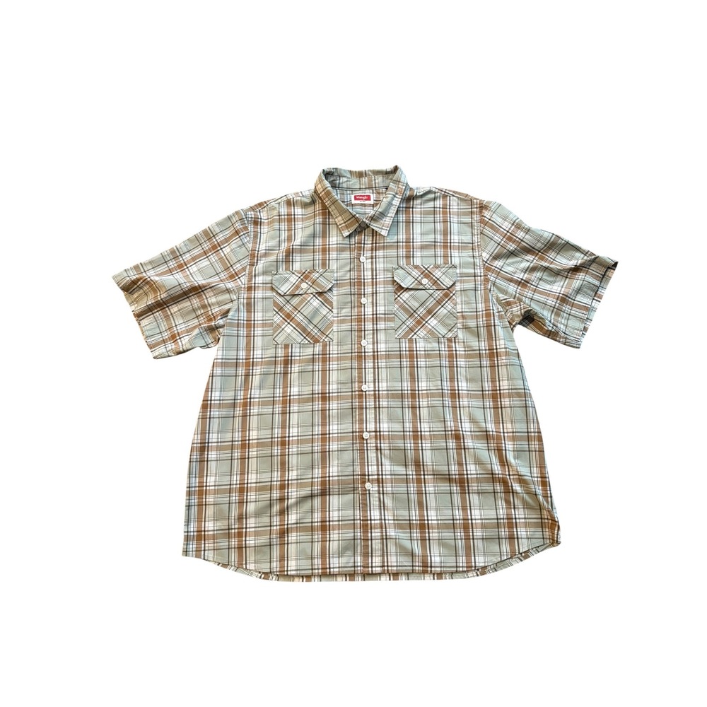 Wrangler Mens‎ 2XL Plaid Button Front Shirt Green Brown Short Sleeve